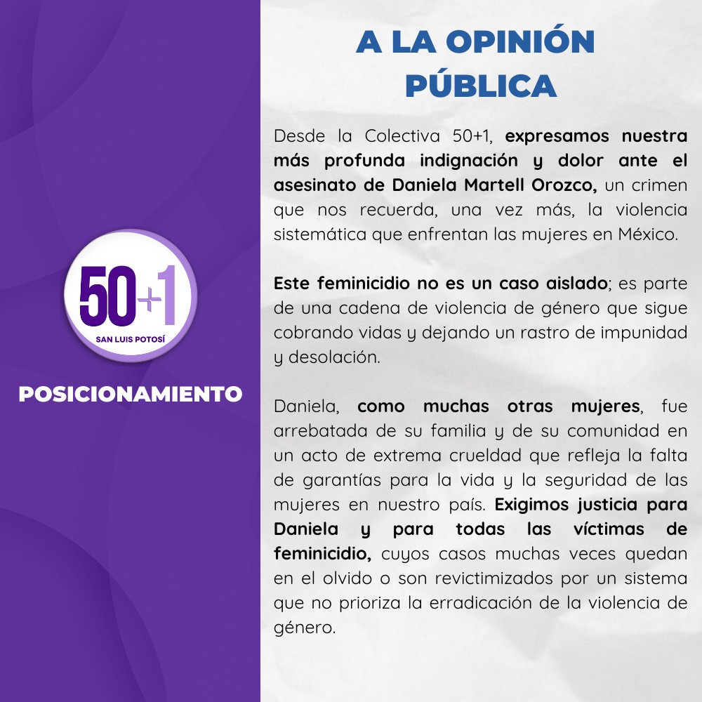 POSICIONAMIENTO PÚBLICO DE LA COLECTIVA 50+1 ANTE EL FEMINICIDIO DE DANIELA MARTELL OROZCO